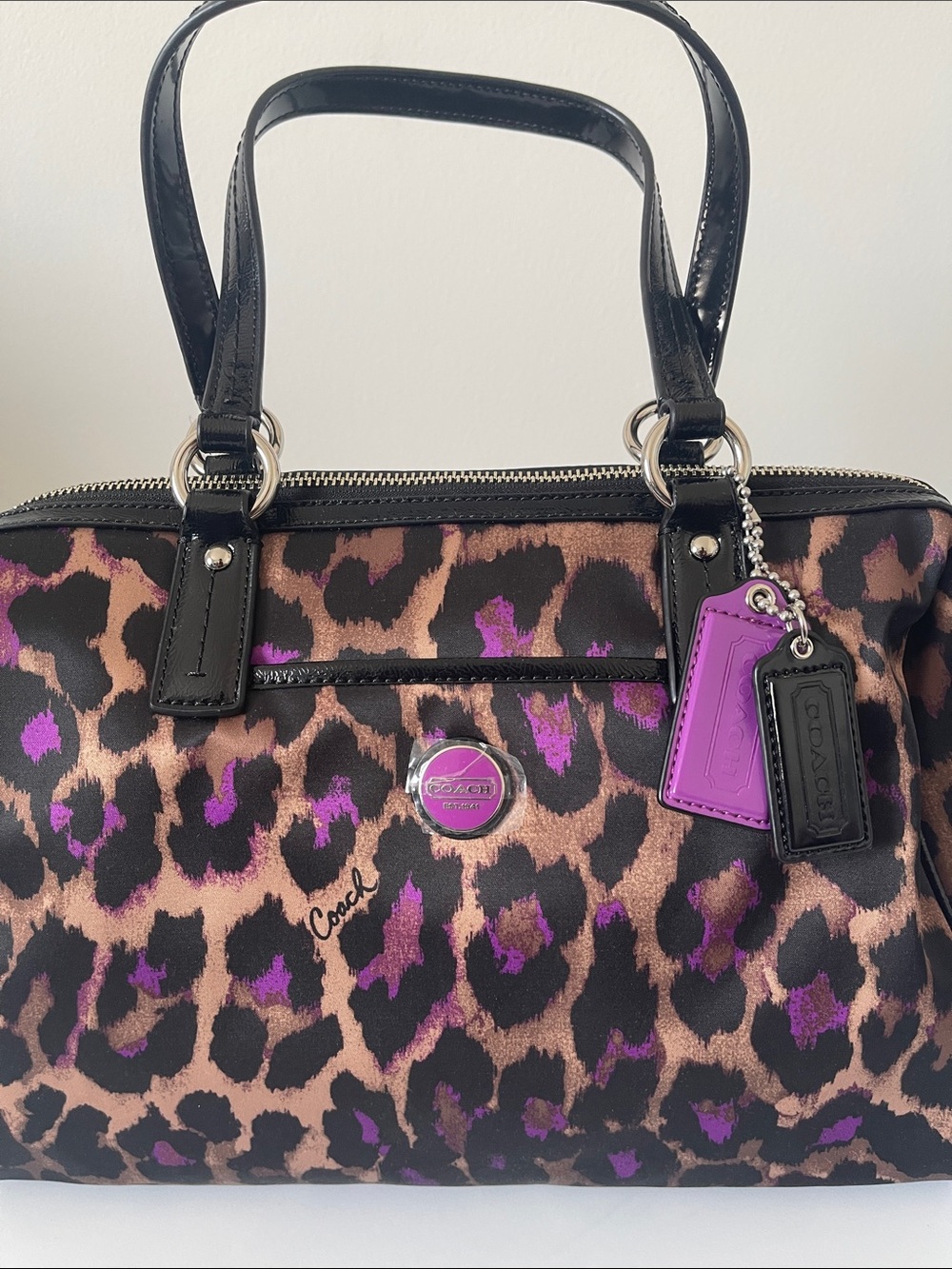 Coach Black and Purple Leopard Print Satchel - Picture 5 of 6